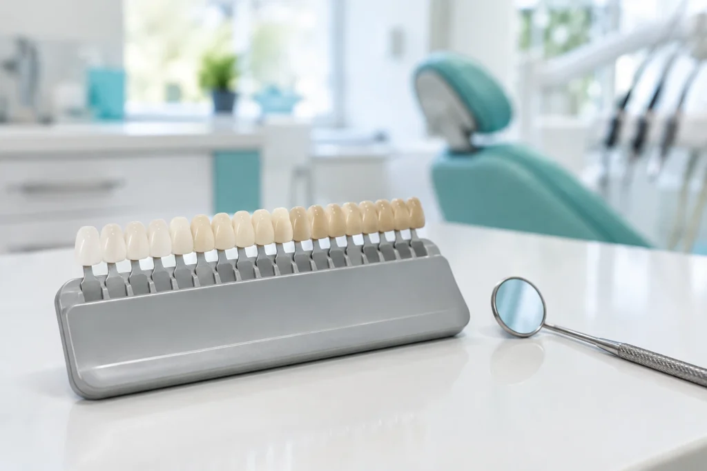 Guía de colores dentales para carillas y blanqueamiento junto a un espejo dental