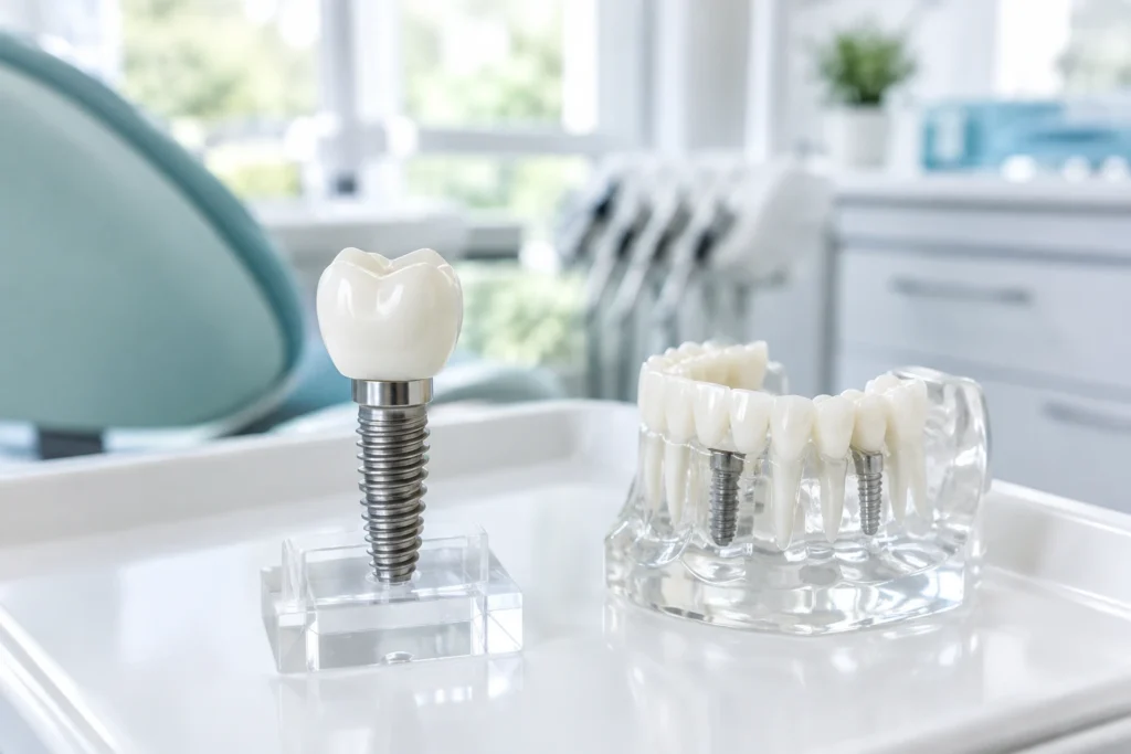 Modelo de implante dental de titanio con corona sobre una bandeja en la clínica