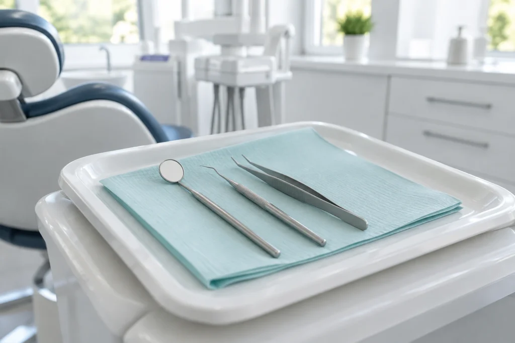 Instrumental para una revisión dental: espejo, sonda y pinzas sobre una bandeja