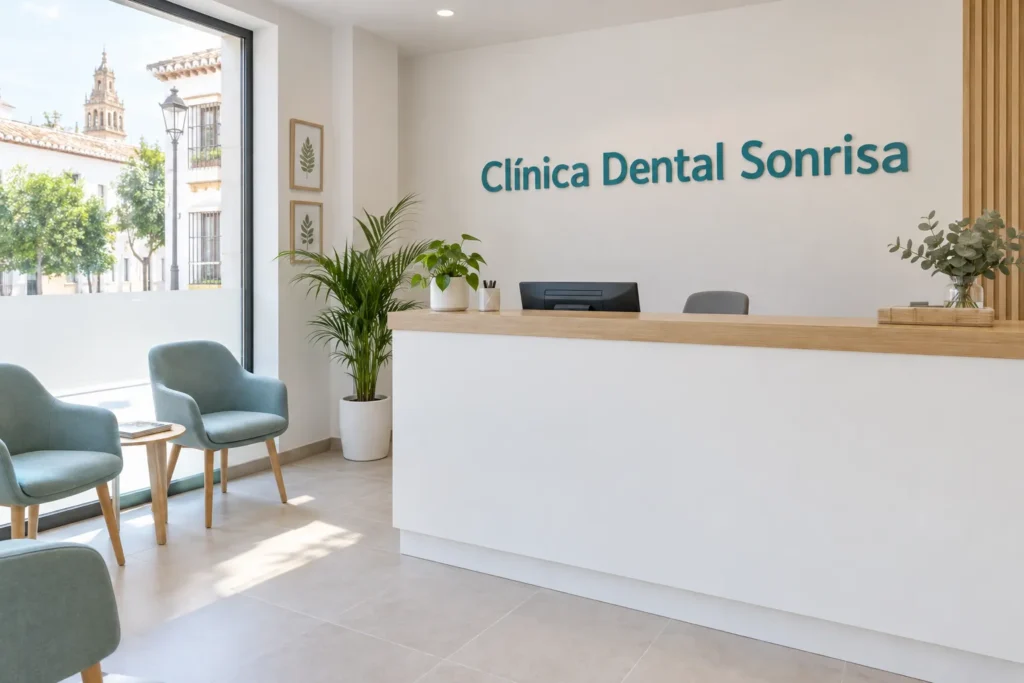 Recepción de Clínica Dental Sonrisa en Córdoba con el rótulo de la clínica
